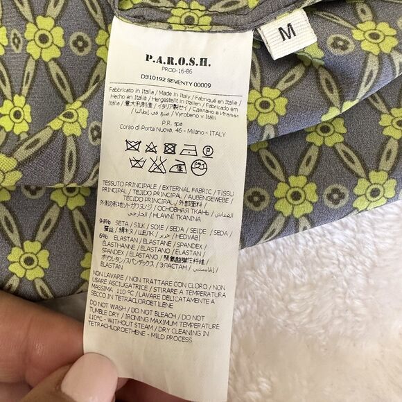 P.A.R.O.S.H. Women's Floral Green Silk V-Neck Short Sleeve Tie Blouse Sz M - Picture 9 of 10